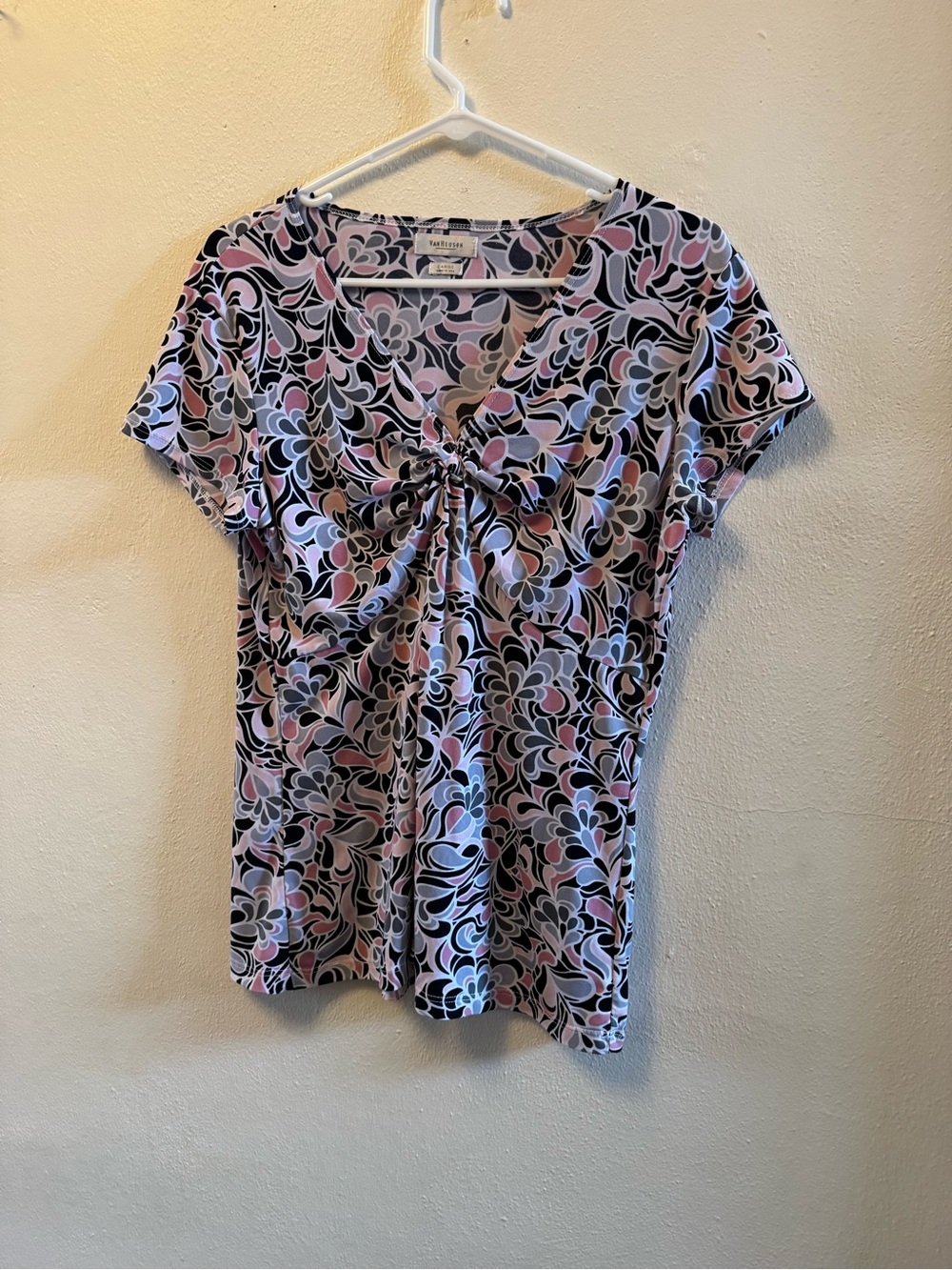 Van Heusen Y2K Organic Print Ruched Baby Tee Pink Abstract Psychedelic Floral